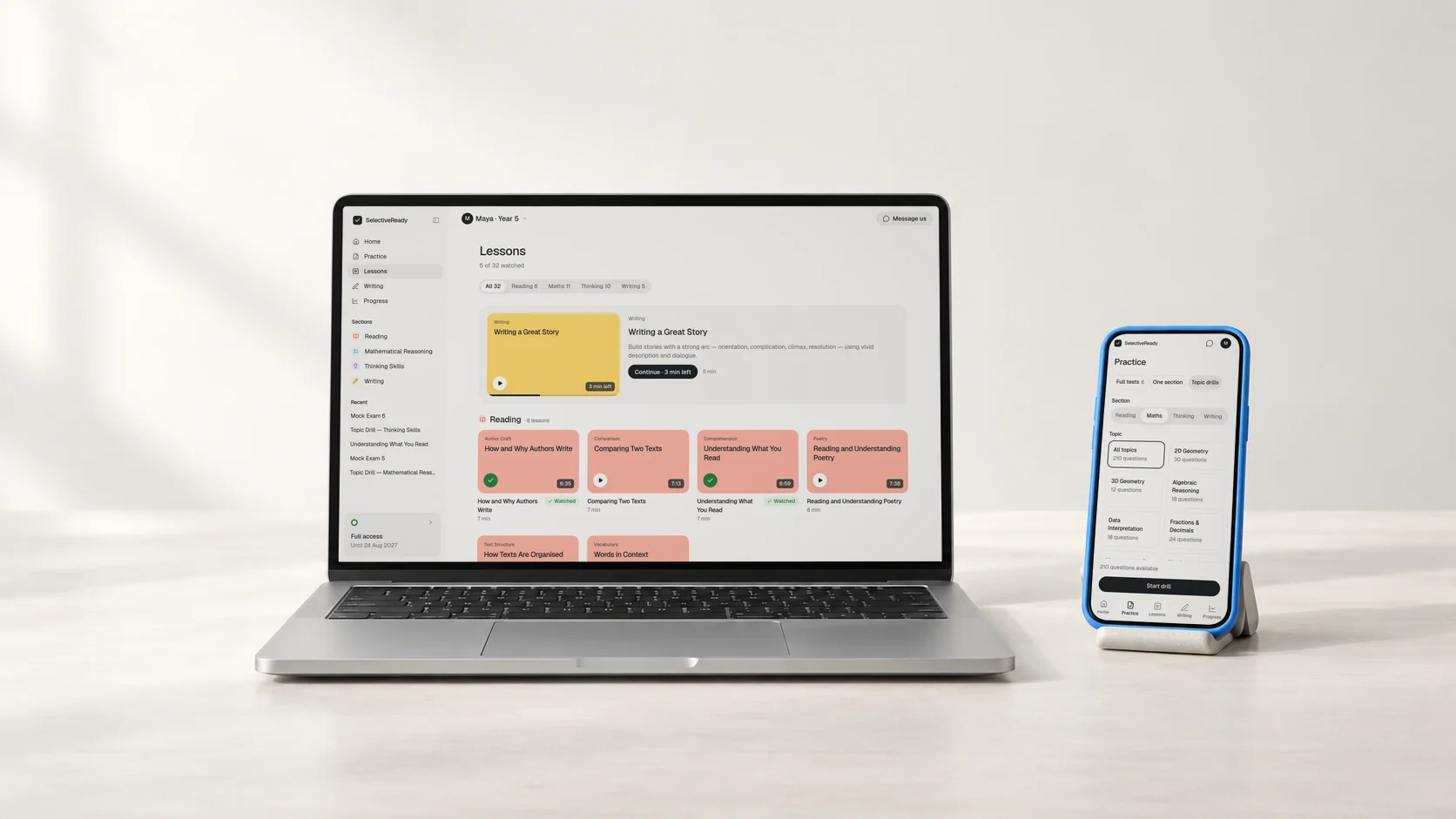 A laptop showing the SelectiveReady lessons library beside a phone on a stand showing Practice.