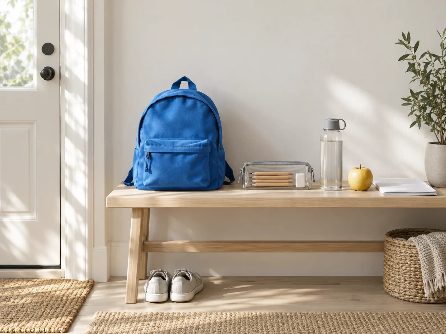 A school backpack, a clear pencil case, a water bottle and an apple on a bench by the front door.