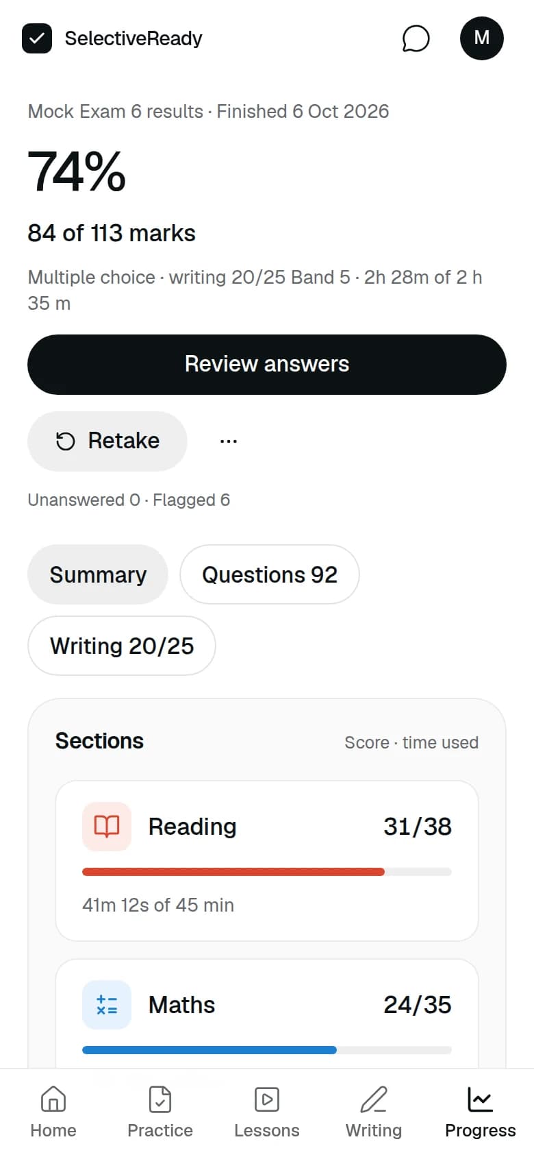 SelectiveReady results on a phone: Mock Exam 6, 74%, Reading 31 of 38 and Maths 24 of 35.