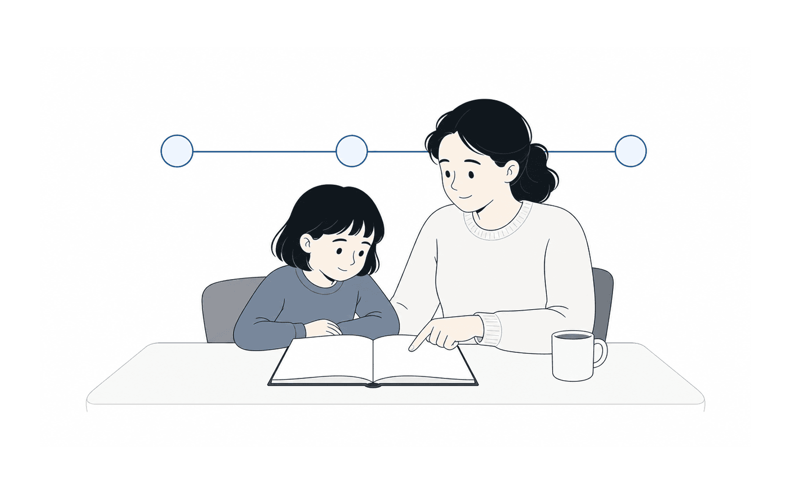 Illustration: a parent and a younger child reading a book together at a table.