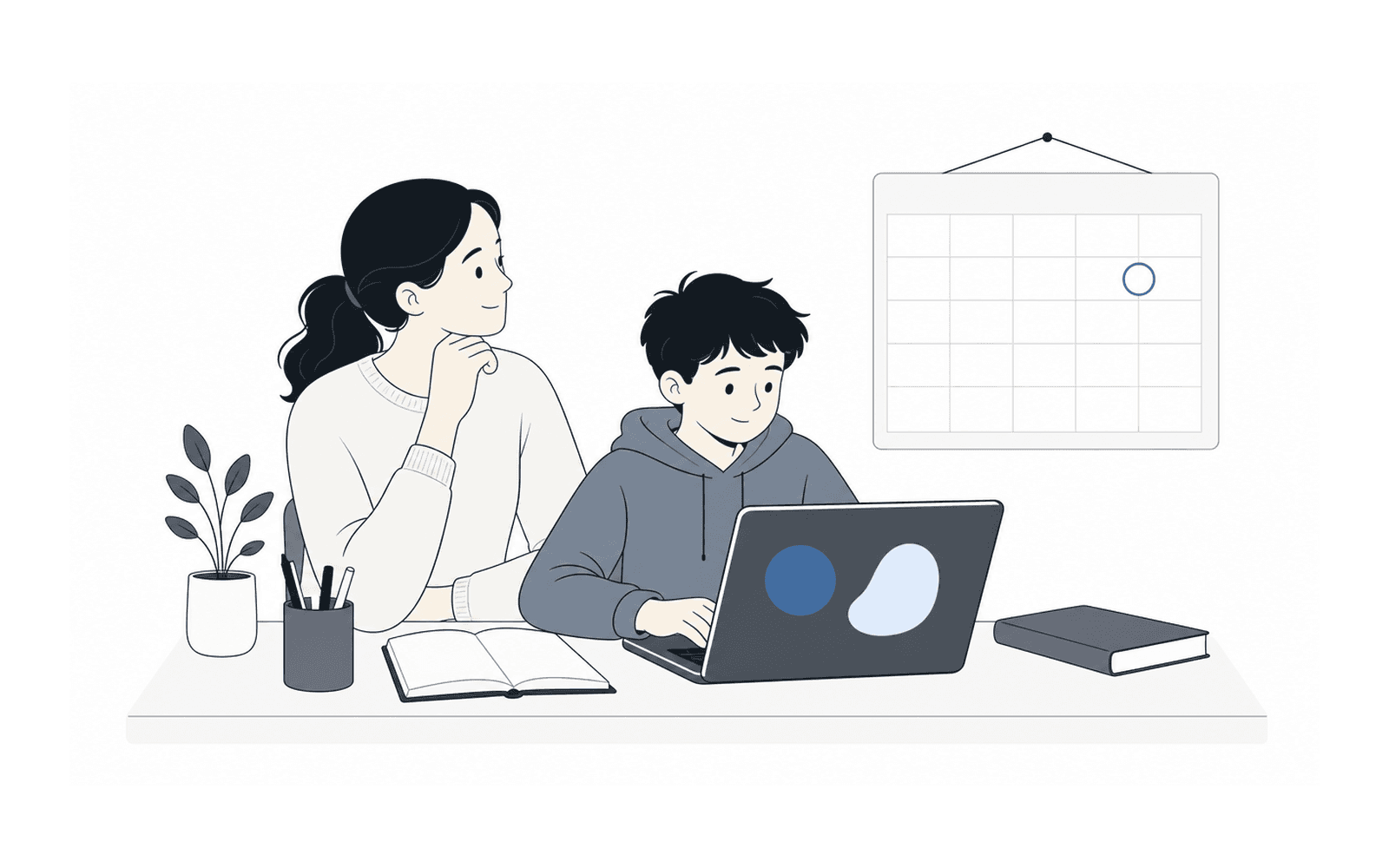 Illustration: a parent and child at a desk with a laptop and a wall calendar.