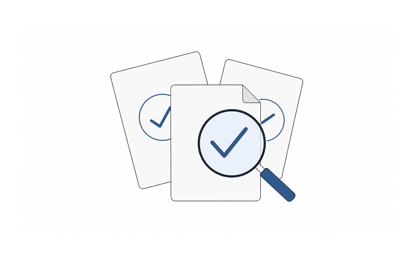Illustration: three documents with ticks, one under a magnifying glass.