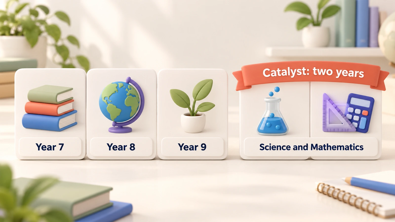 Years 7, 8 and 9 as three cards, beside Catalyst's two cards: Science and Mathematics covered in two years.