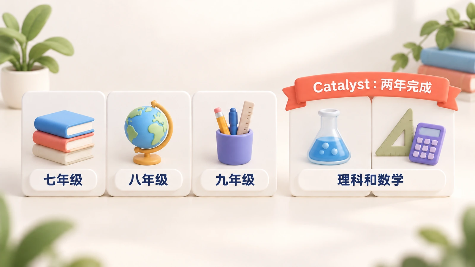 七、八、九年级三张卡片,旁边是Catalyst的两张卡片:理科和数学两年学完。