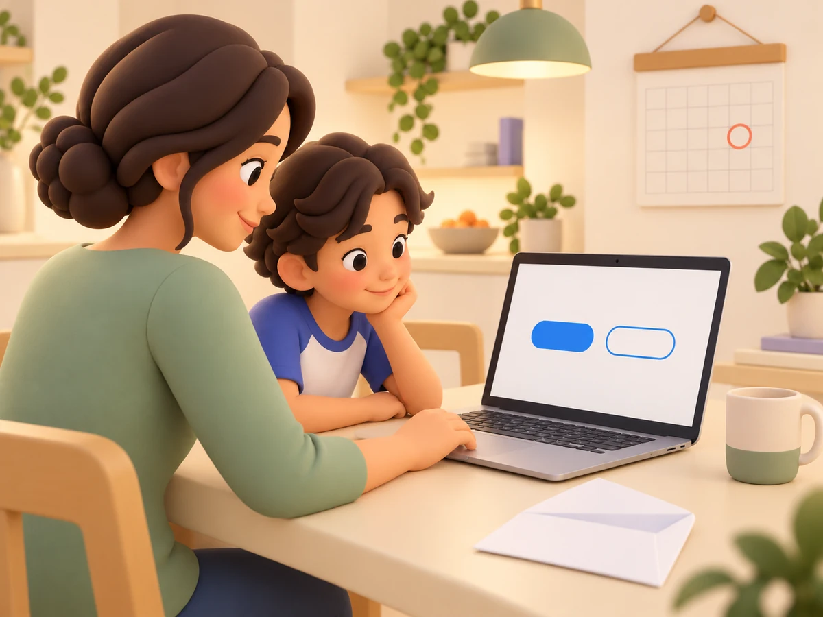 A parent and child sit at a kitchen table looking at a laptop with two buttons, a calendar day circled behind them.