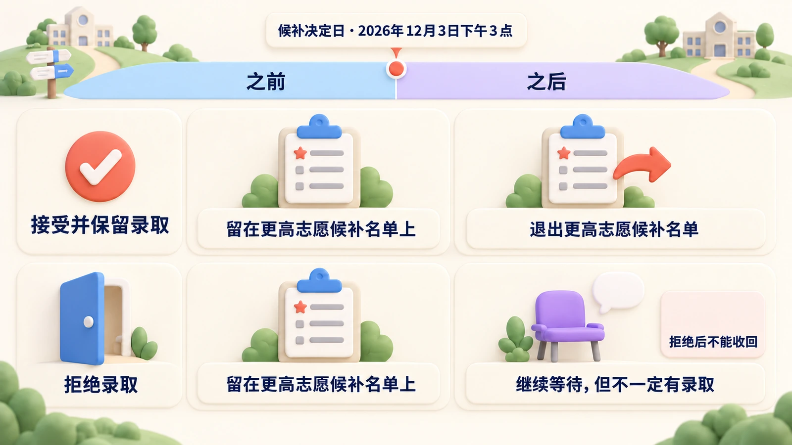 接受或拒绝:2026年12月3日下午3点前都留在更高志愿候补名单上;之后只有拒绝才能继续等,且拒绝不能收回。