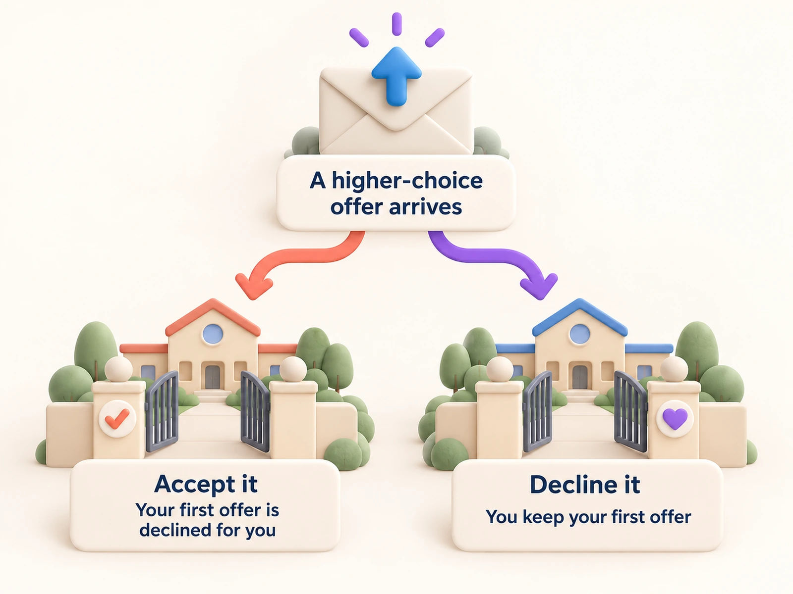 A higher-choice offer arrives: accept it and your first offer is declined for you, or decline it and keep your first offer.
