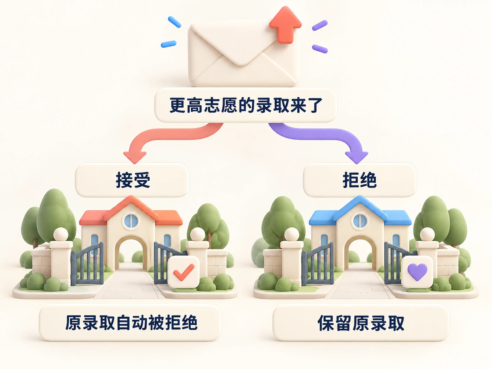 更高志愿的录取来了:接受它,原录取自动被拒绝;拒绝它,保留原录取。