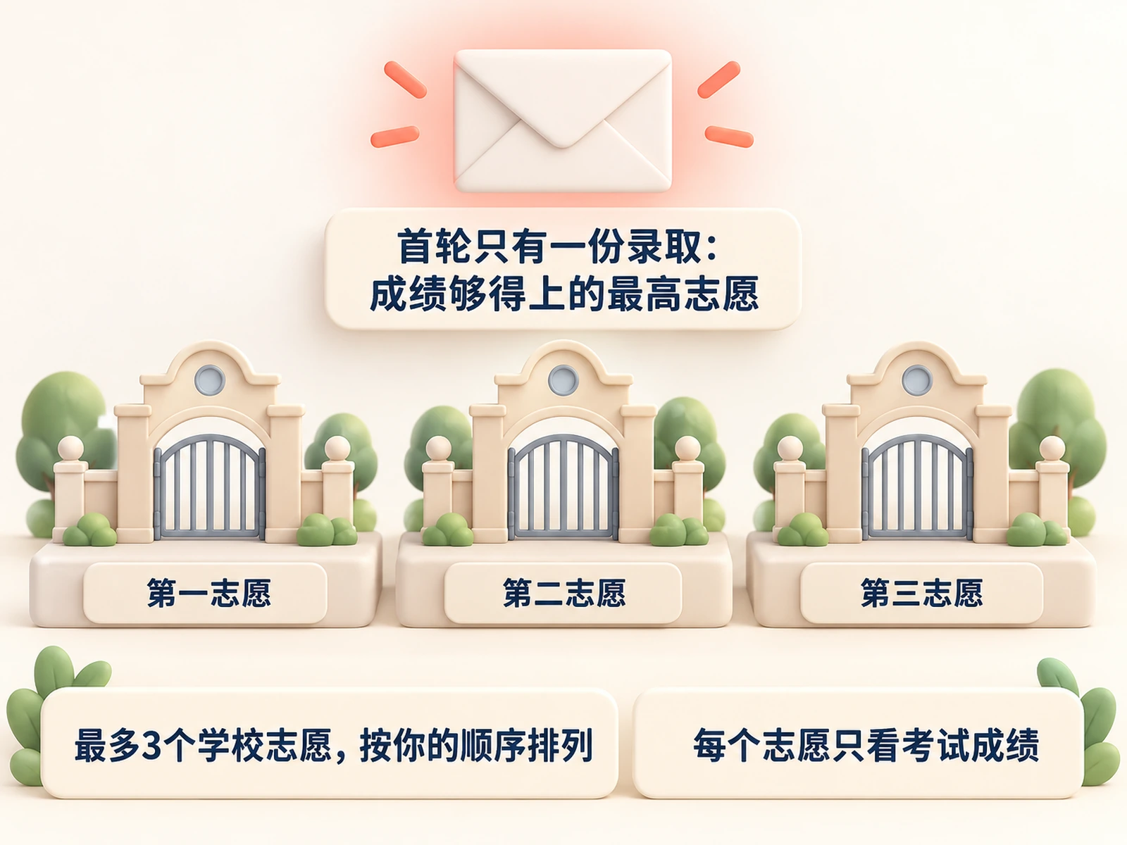 最多3个学校志愿，按你的顺序排列。每个志愿只看考试成绩；首轮录取来自成绩够得上的最高志愿。