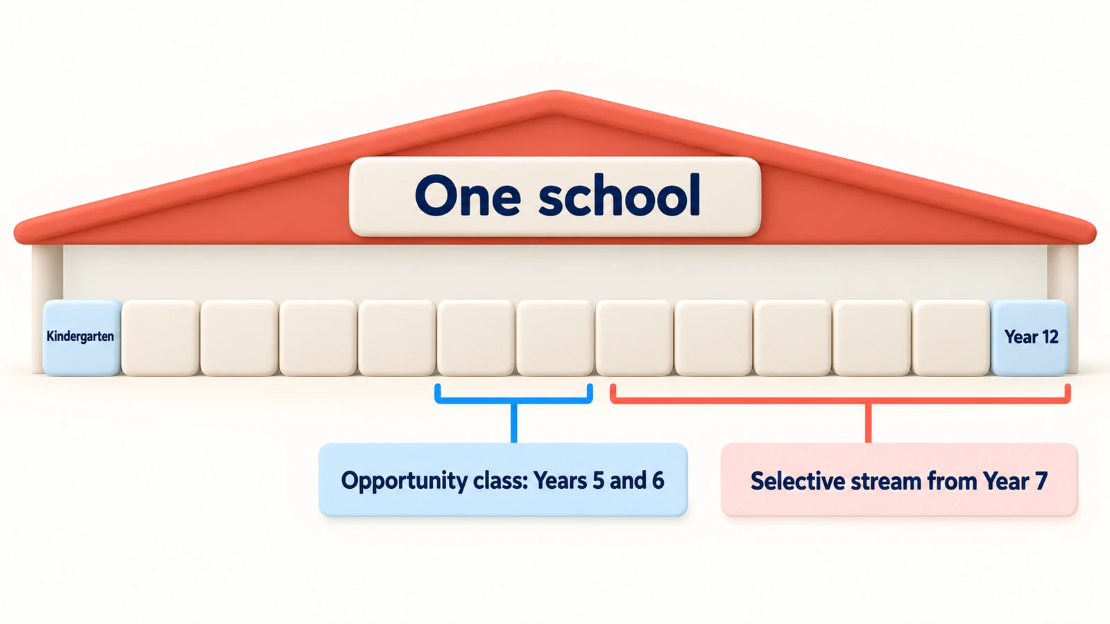 One school from Kindergarten to Year 12, with an opportunity class in Years 5 and 6 and a selective stream from Year 7.