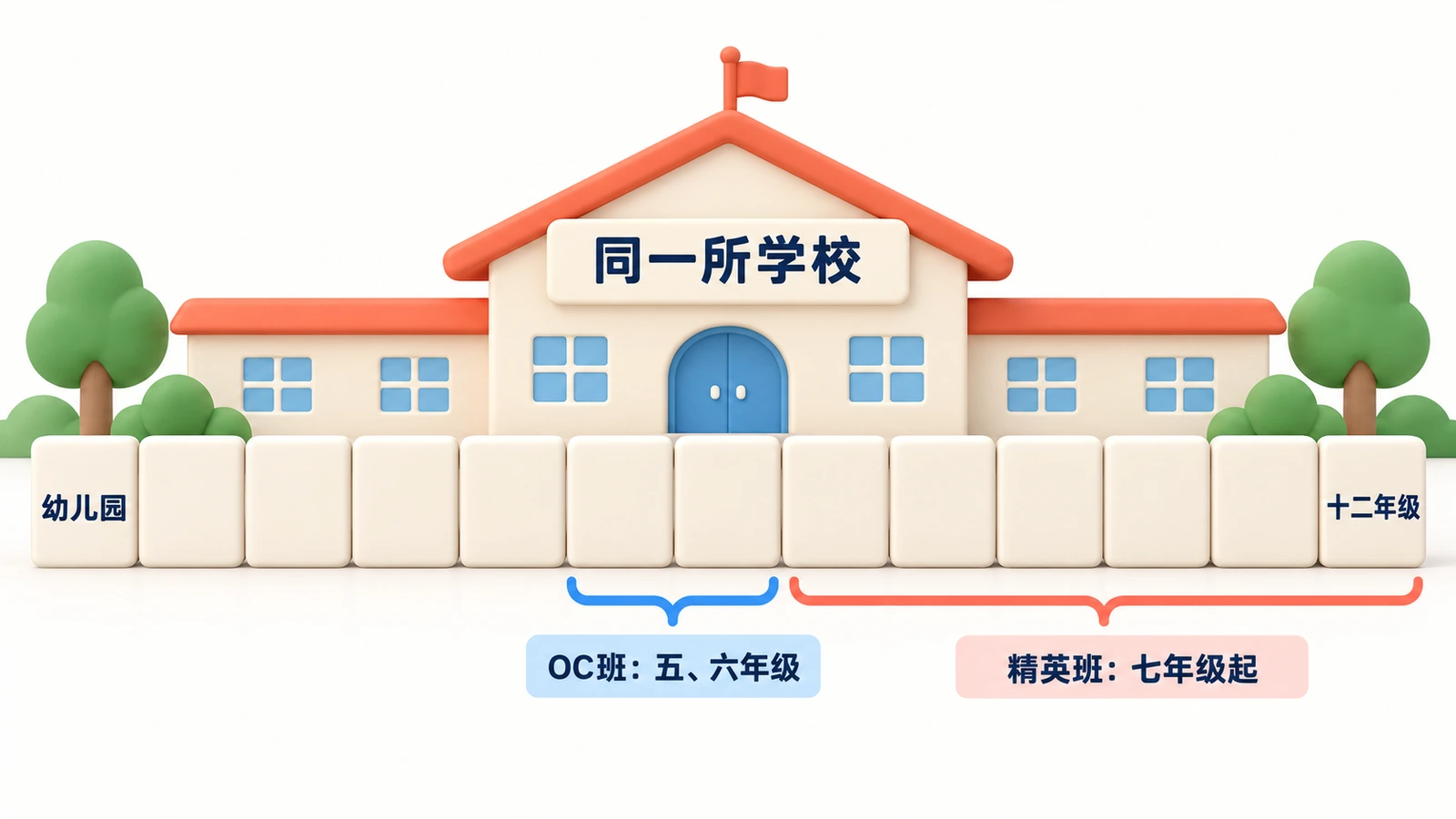同一所学校从幼儿园到十二年级：五、六年级设OC班，七年级起设精英班。