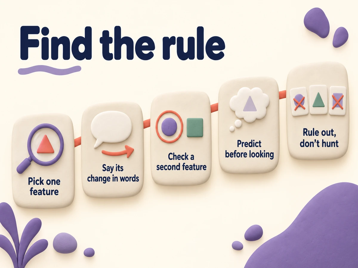 Find the rule: pick one feature, say its change in words, check a second feature, predict, then rule options out.
