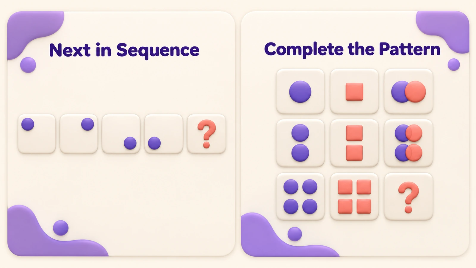 The two Abstract Reasoning types: Next in Sequence, a row of shapes ending in a question mark; Complete the Pattern, a grid with one gap.