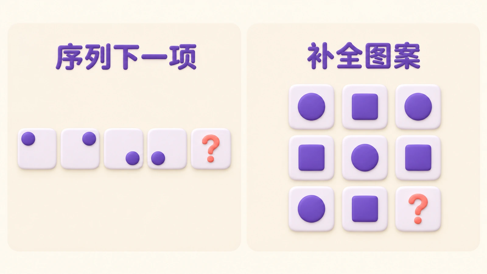 抽象推理的两种题型：序列下一项，一排图形最后是问号；补全图案，方格图中缺一格。