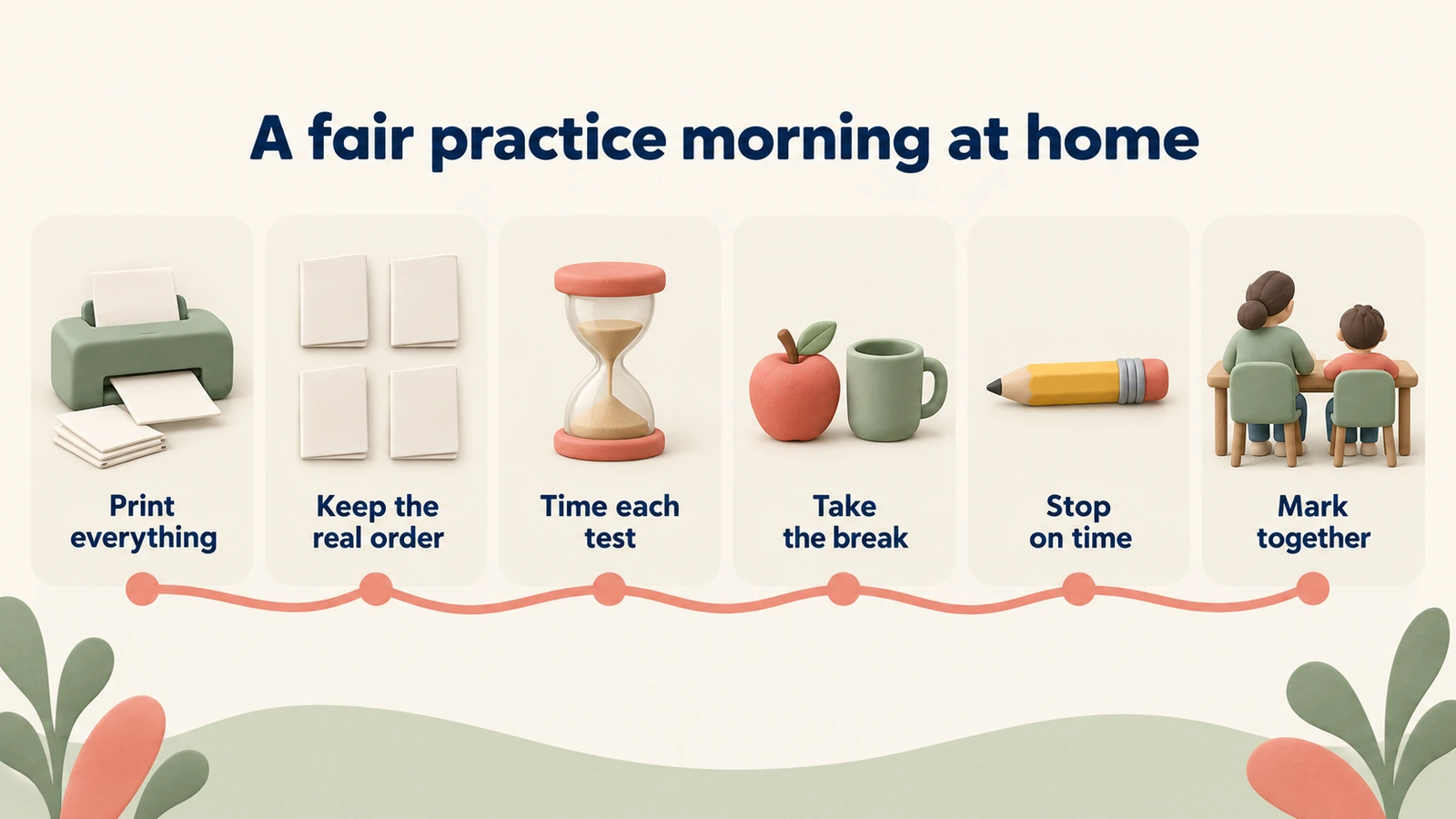 A fair practice morning at home: print everything, keep the real order, time each test, take the break, stop on time, mark together.