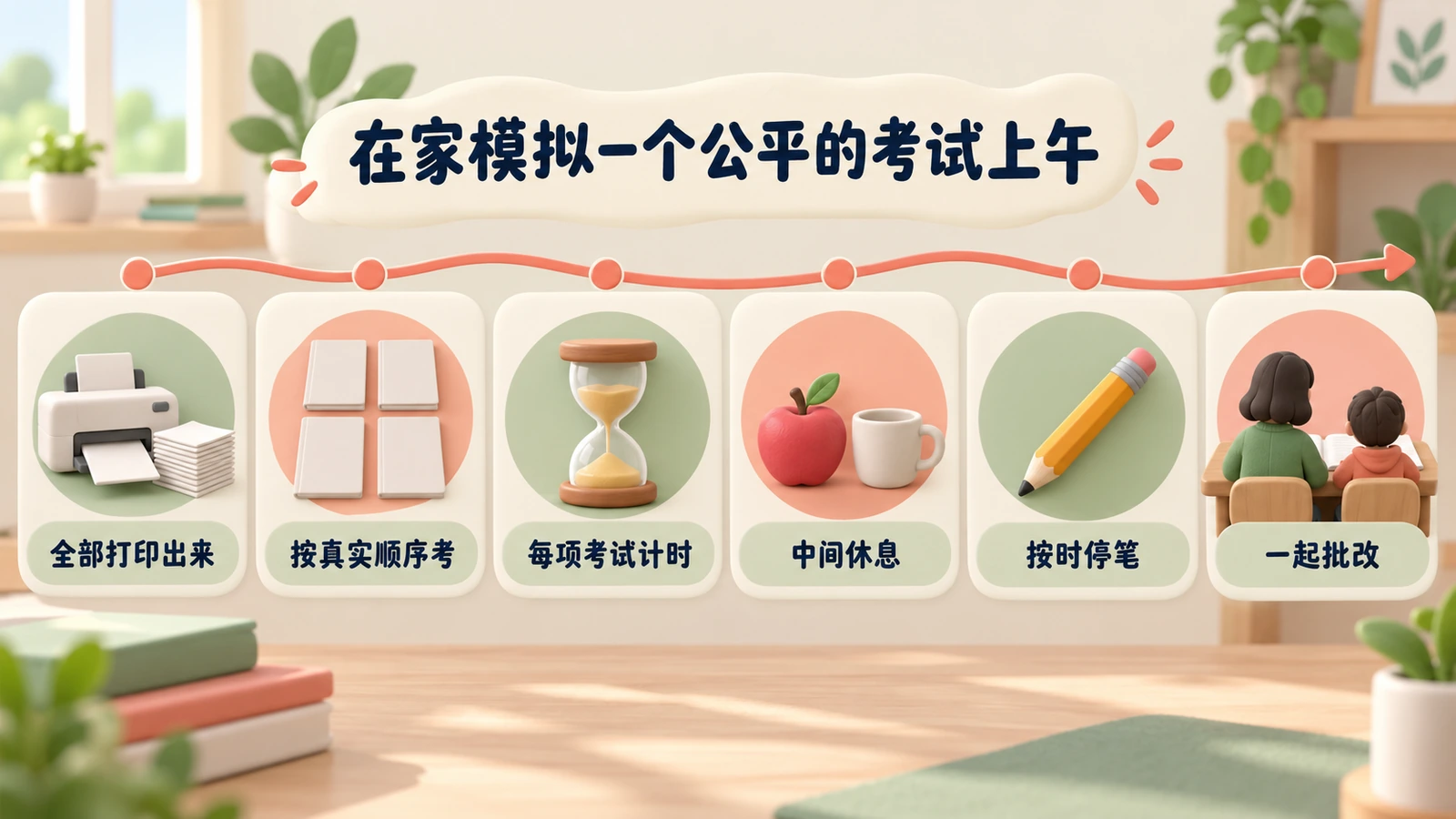 在家模拟考试上午：全部打印，按真实顺序，每项计时，中间休息，按时停笔，一起批改。