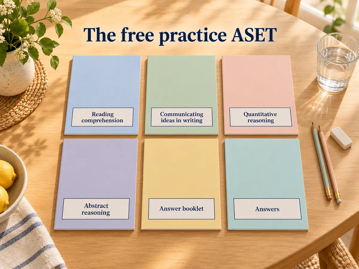 The free practice ASET laid out on a table: the four test parts, the answer booklet and the answers.