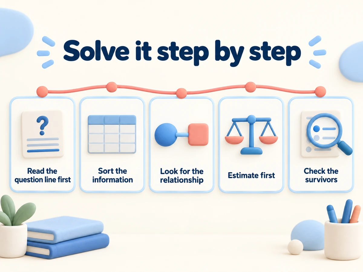 Solve it step by step: read the question line, sort the information, find the relationship, estimate, check the options left.