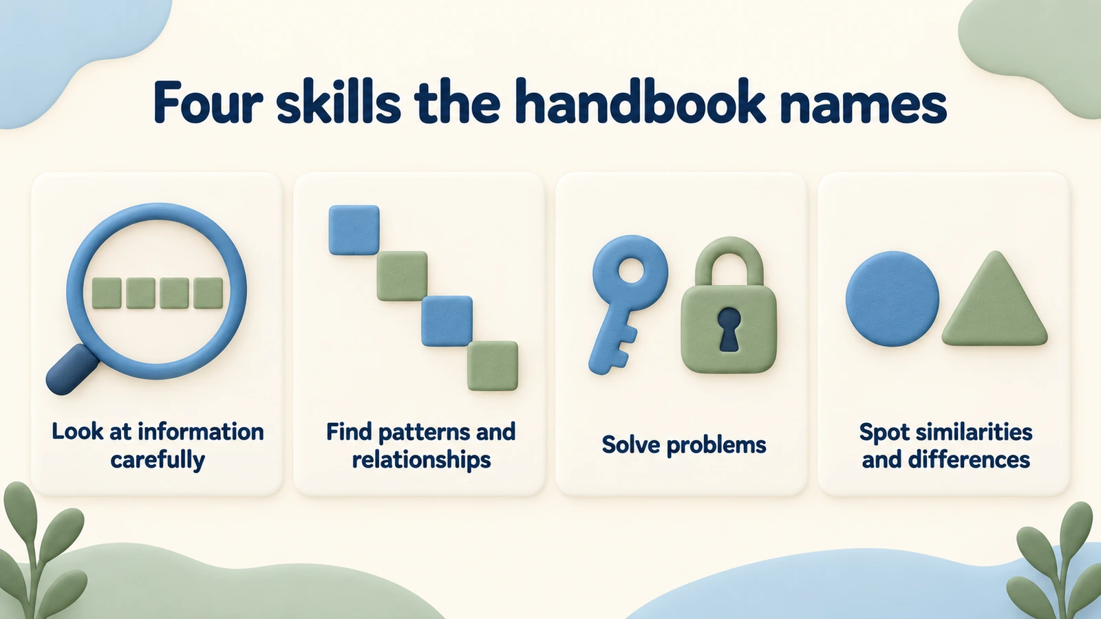 Four skills the handbook names: look at information carefully, find patterns and relationships, solve problems, spot similarities and differences.