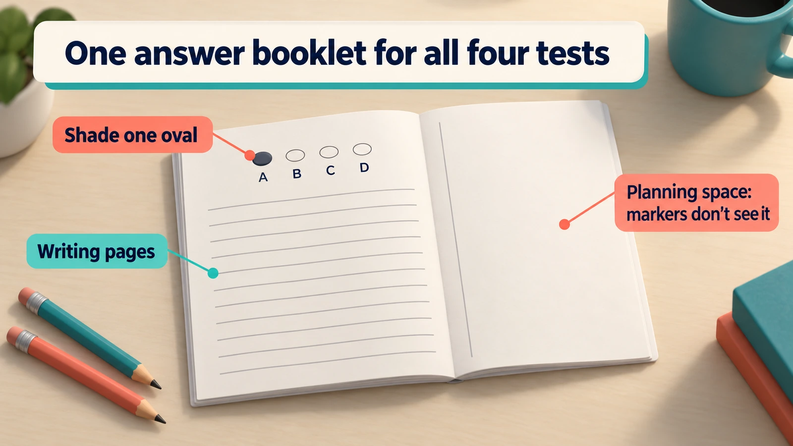 One answer booklet for all four tests: shade one oval, A to D; lined writing pages; a planning space markers don't see.