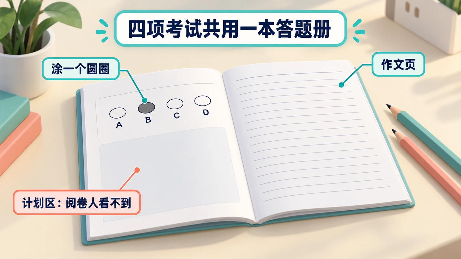 四项考试共用一本答题册:选择题涂A到D中的一个圆圈;作文写在横线页上;计划区阅卷人看不到。