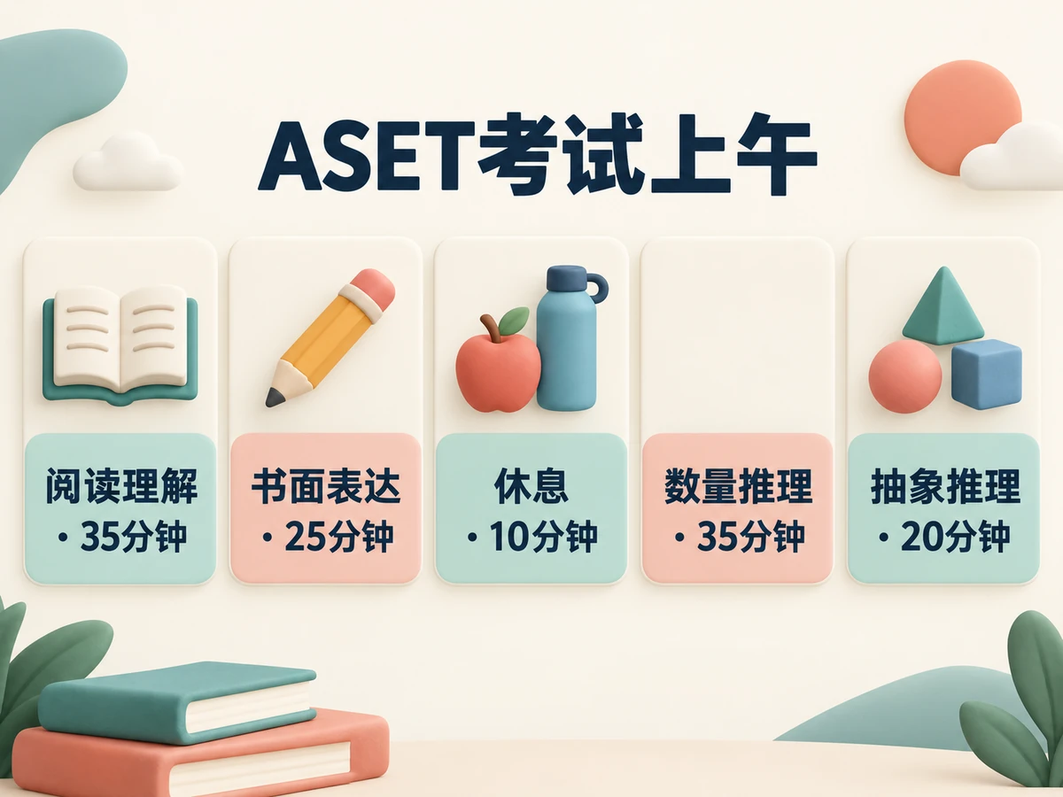 ASET考试上午的顺序:阅读理解35分钟,书面表达25分钟,休息10分钟,数量推理35分钟,抽象推理20分钟。