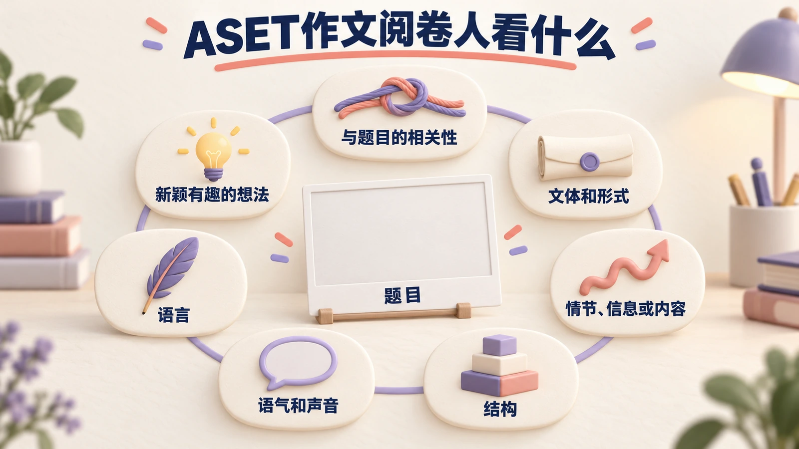 ASET作文阅卷人看什么:题目居中,四周是相关性、想法、文体和形式、情节、结构、语气和语言。