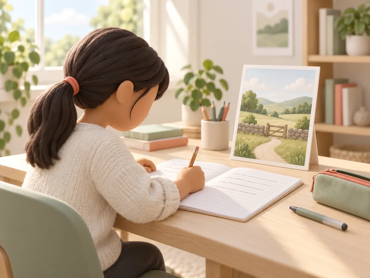 A child writes by hand in a booklet, looking at a picture card that serves as the writing prompt.