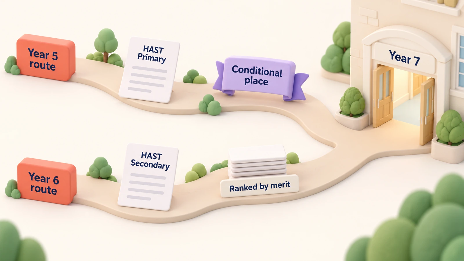 Two routes to Year 7: the Year 5 route (HAST Primary, a conditional place) and the Year 6 route (HAST Secondary, ranked by merit).