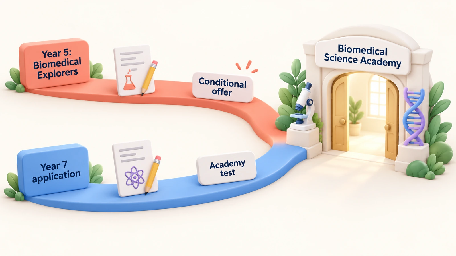 Two routes into the Biomedical Science Academy: Year 5 Biomedical Explorers (a conditional offer) or the Year 7 application and academy test.