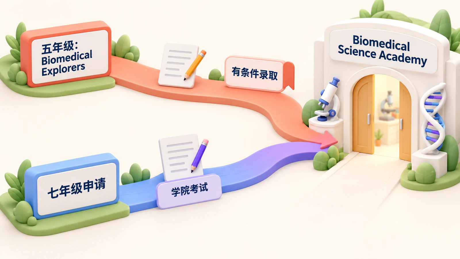 进入Biomedical Science Academy的两条路线:五年级Biomedical Explorers(有条件录取),或七年级申请加学院考试。