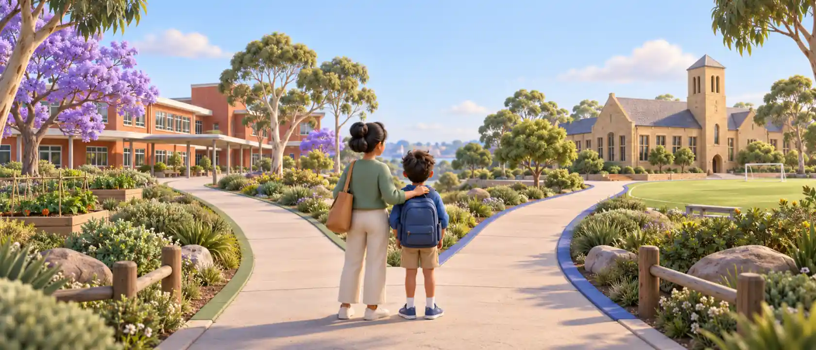 A parent and child stand where a path splits towards two different schools, one public and one private.