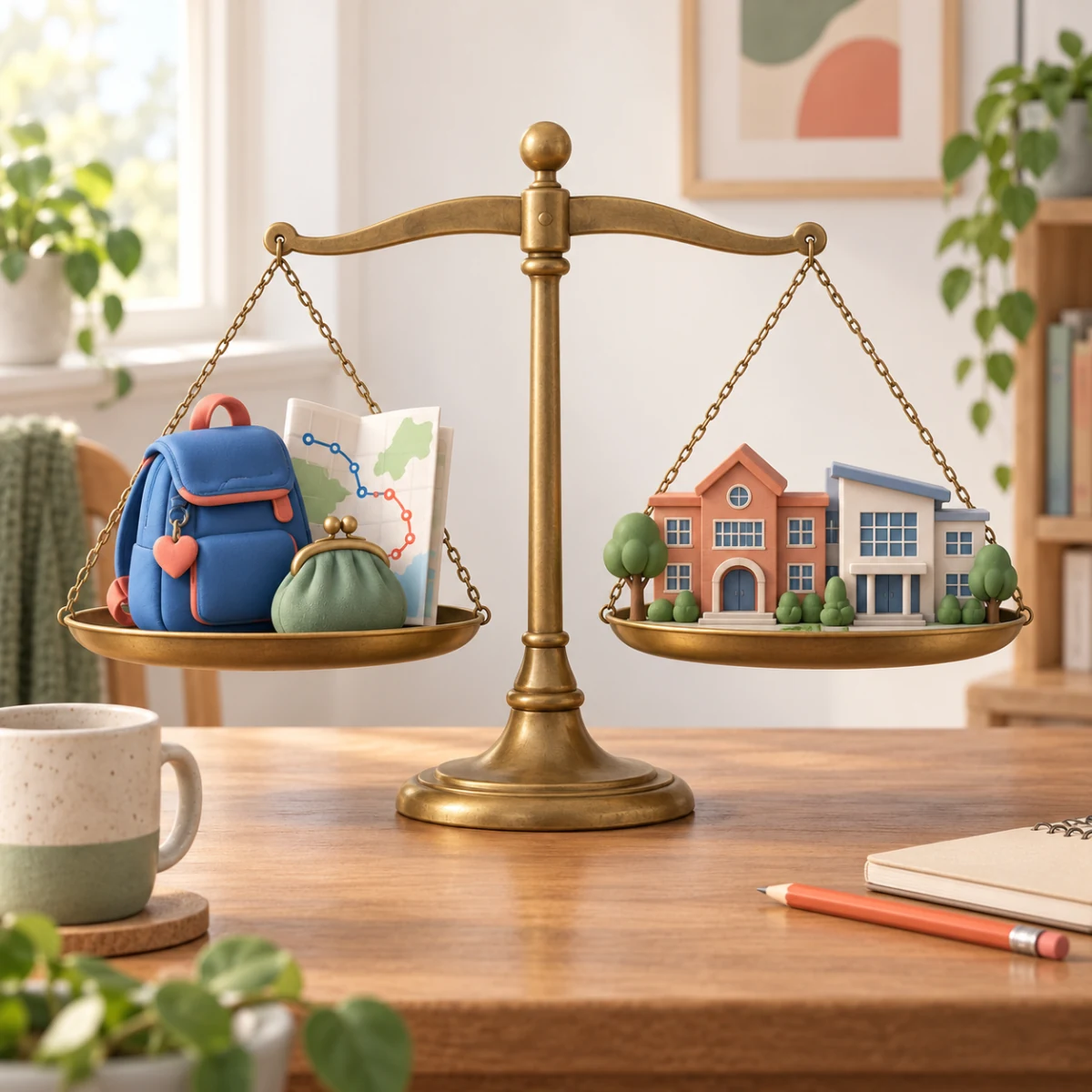 A balance scale weighs a child's backpack, a travel map and a purse against two small paper schools.