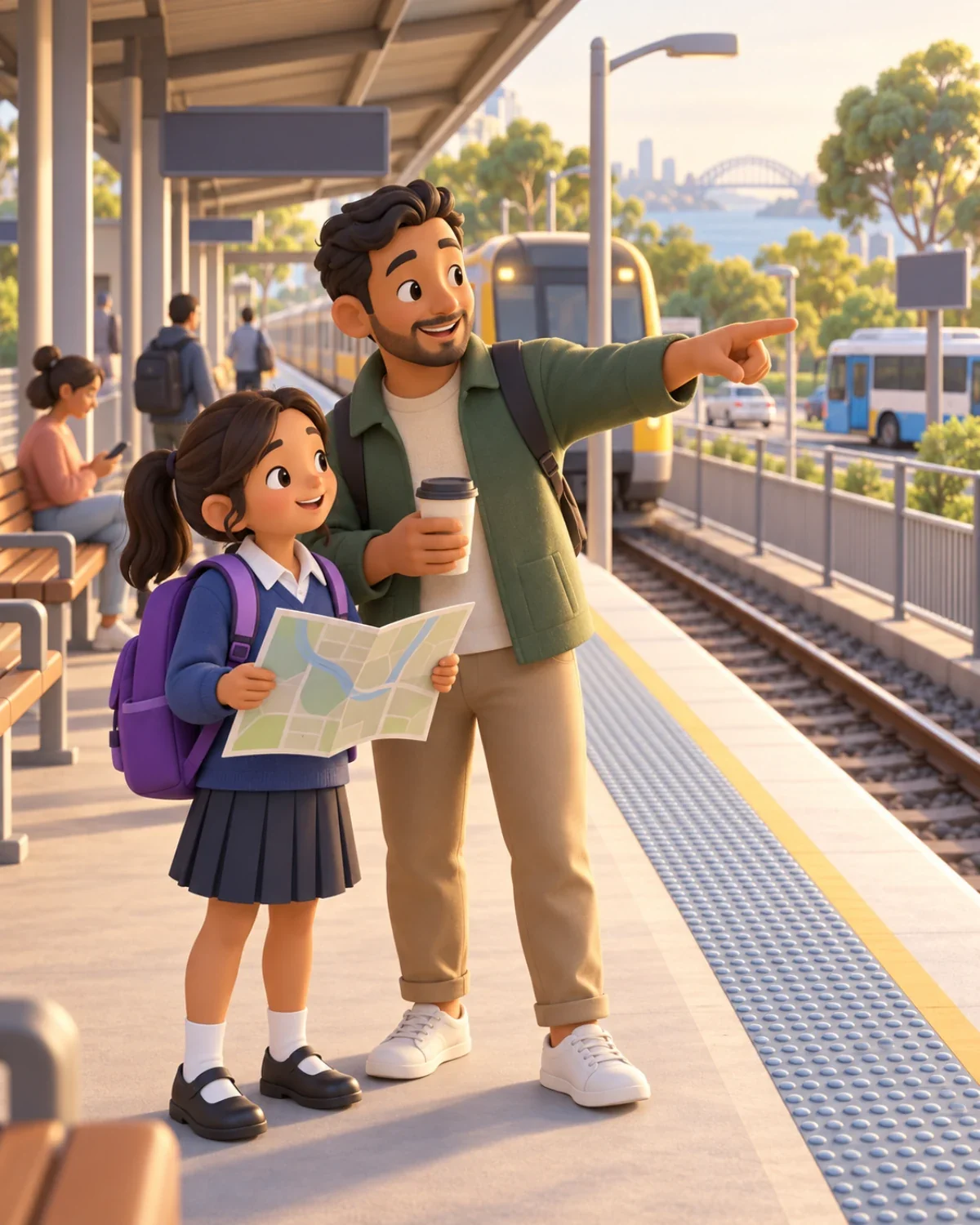 A parent and child try out the morning train trip to a school together on a quiet platform.