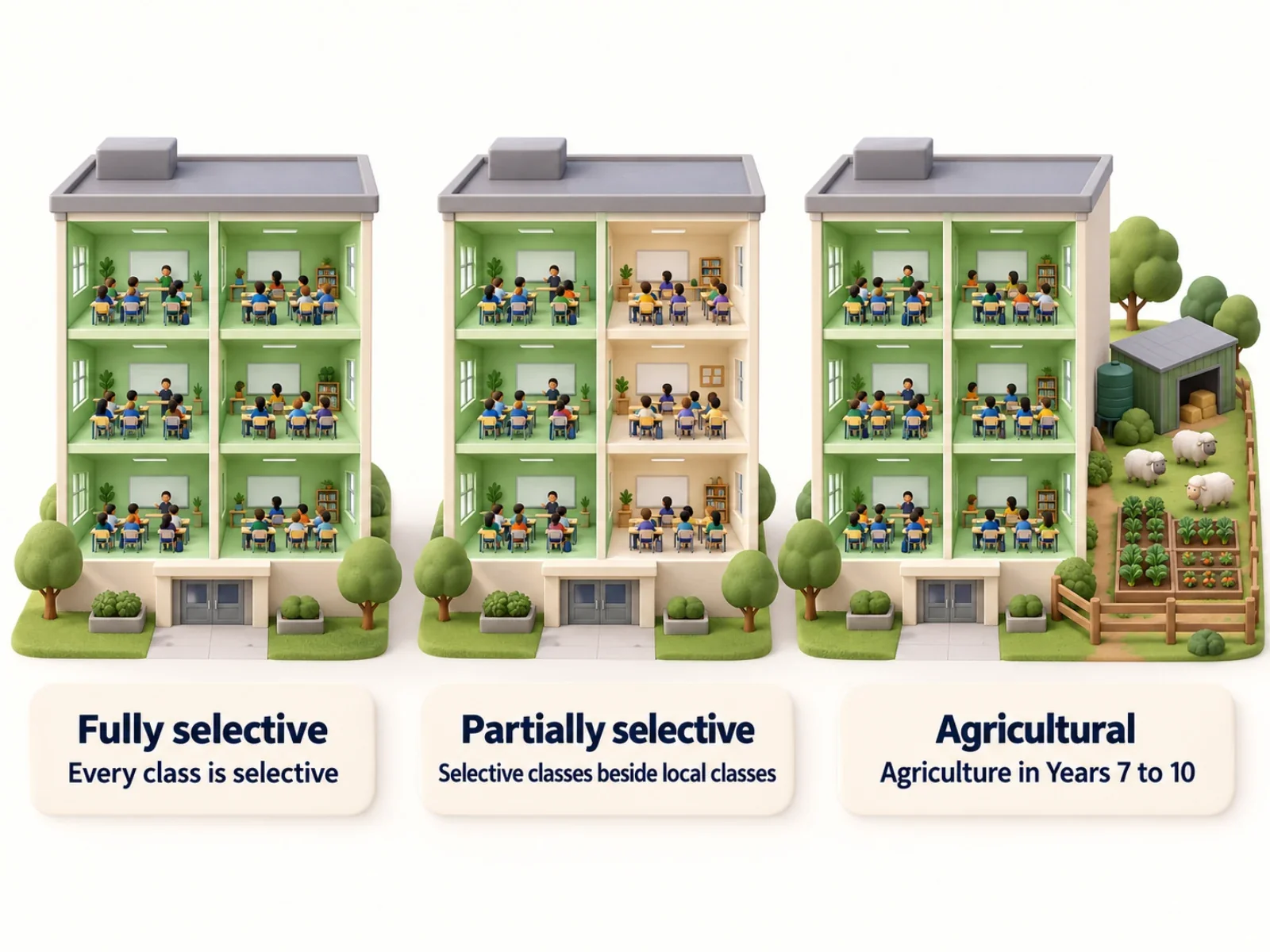 Three kinds of selective school: fully selective, partially selective beside local classes, and agricultural.