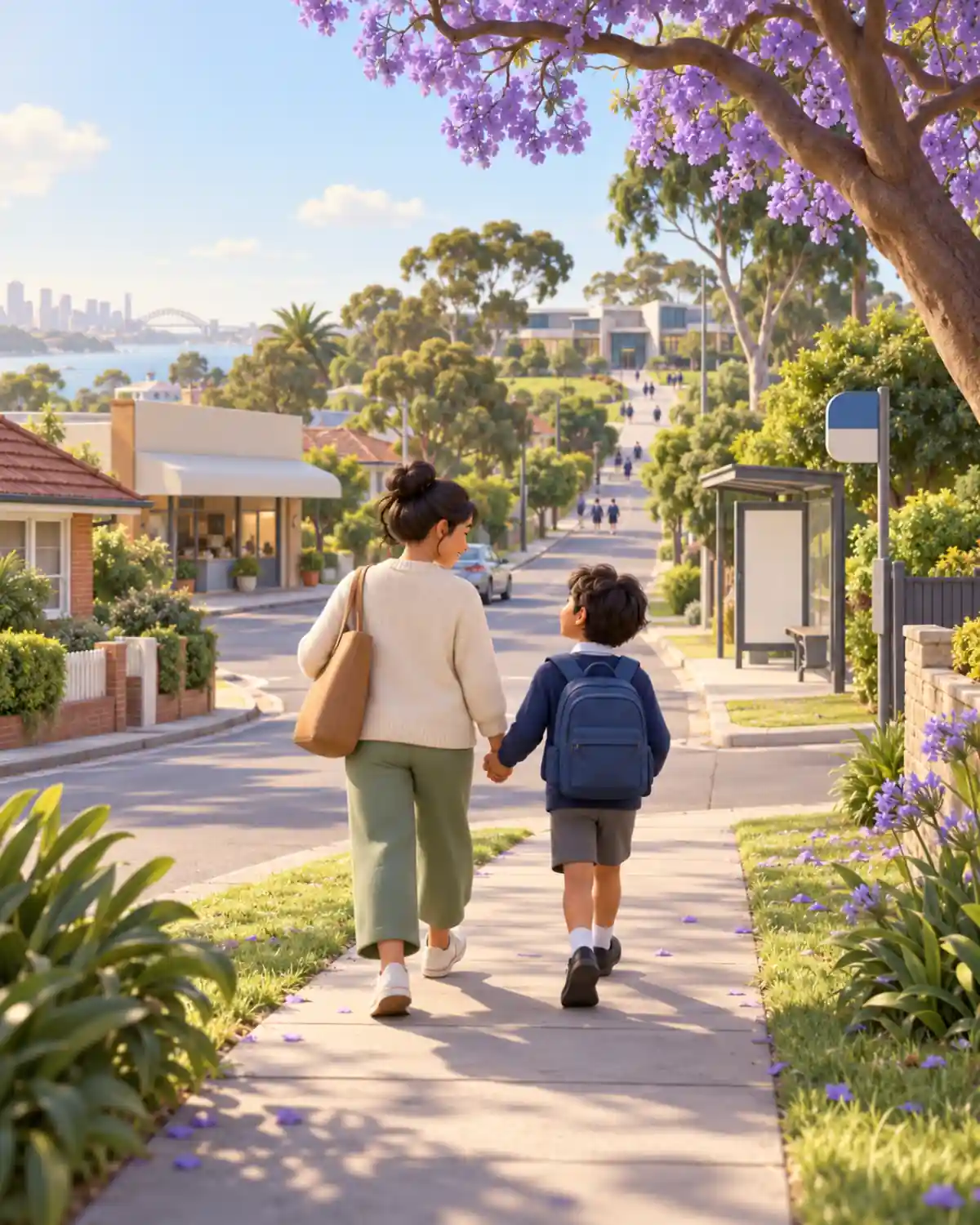 A parent and child walk hand in hand along a sunny Sydney street towards a high school in the distance.