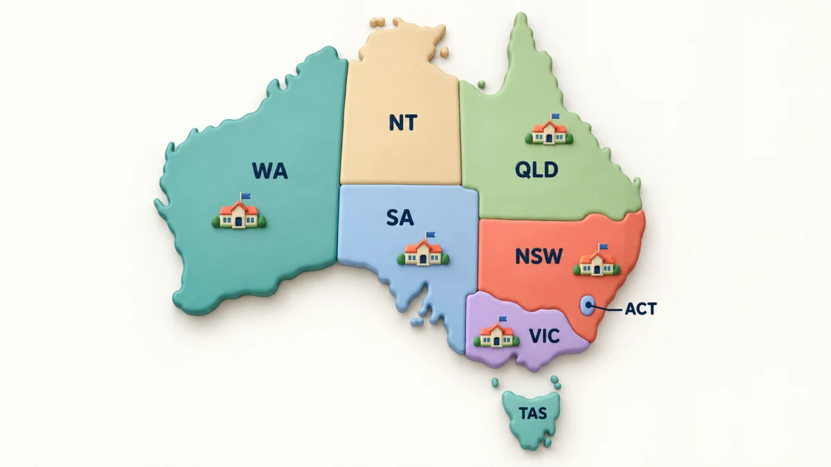 A paper map of Australia showing each state and territory, with small school icons in five states.