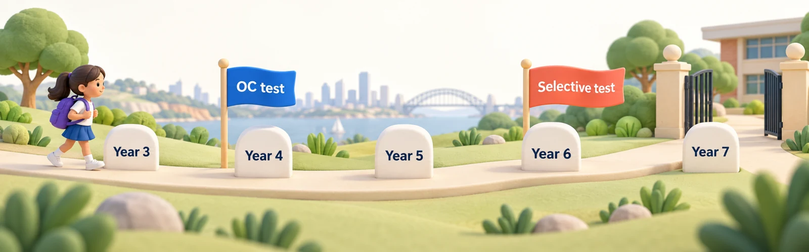 The road from Year 3 to Year 7: the OC test in Year 4, the Selective test in Year 6.
