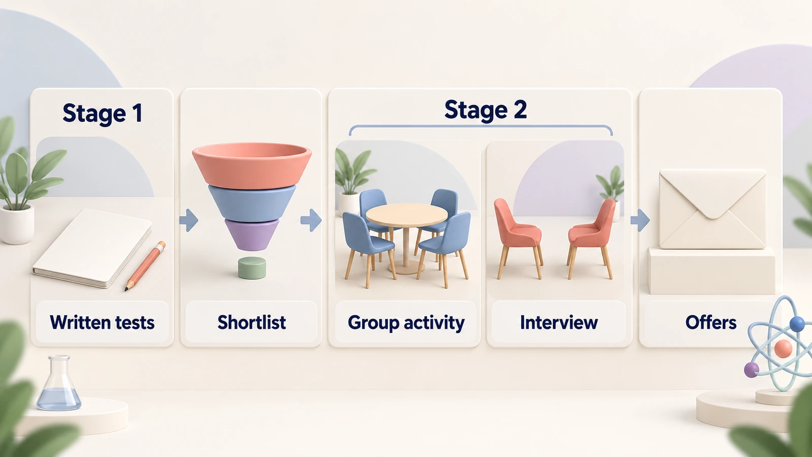 JMSS selection: Stage 1 written tests, a shortlist, then Stage 2 group activity and interview, then offers.