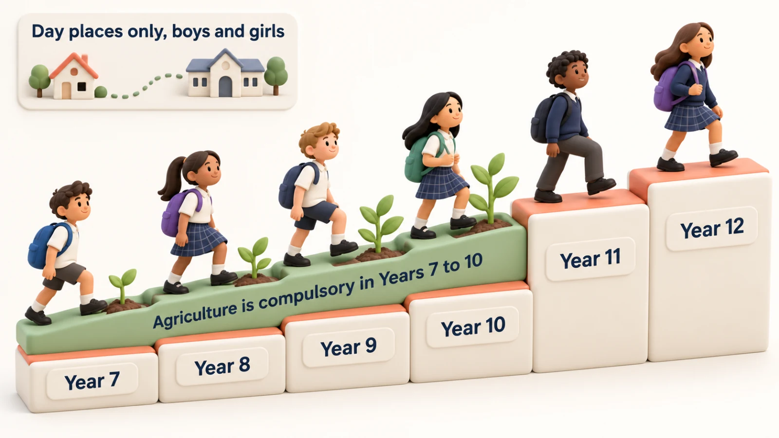 Years 7 to 12 as six steps; agriculture is compulsory in Years 7 to 10. Day places only, boys and girls.