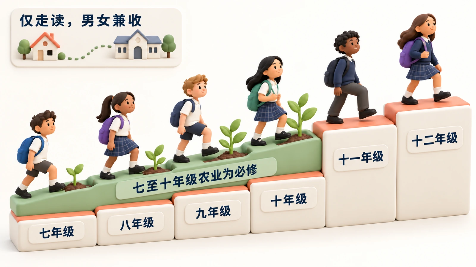 七至十二年级六个台阶:七至十年级农业为必修。仅走读,男女兼收。