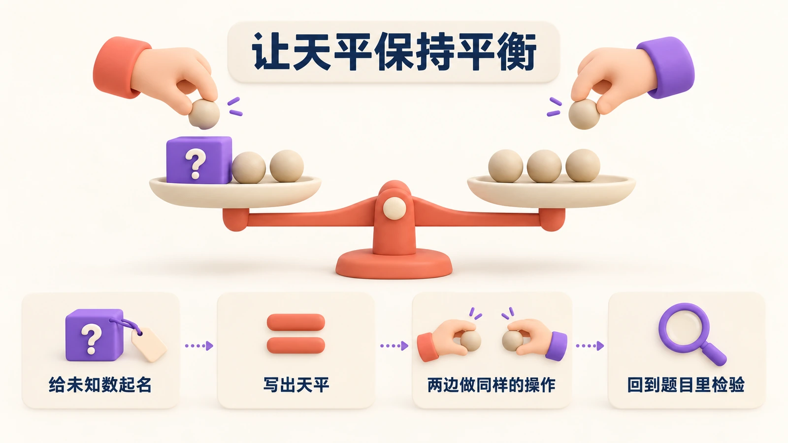 让天平保持平衡：给未知数起名，写出天平，两边做同样的操作，再回到题目里检验。