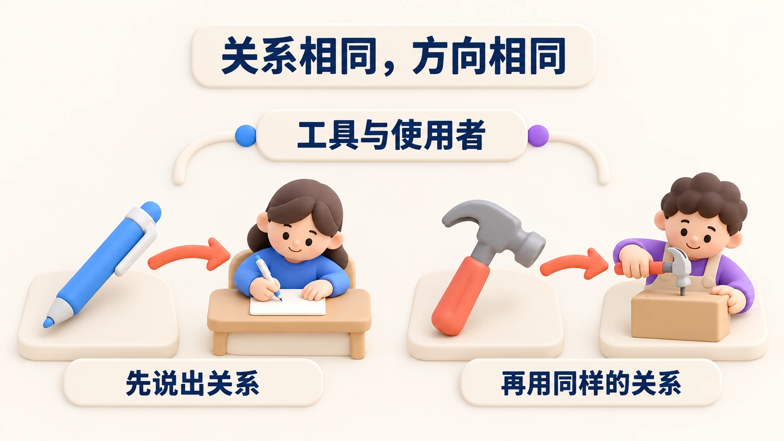 关系相同，方向相同：笔对作家，就像锤子对木匠。先说出关系（工具与使用者），再用同样的关系。