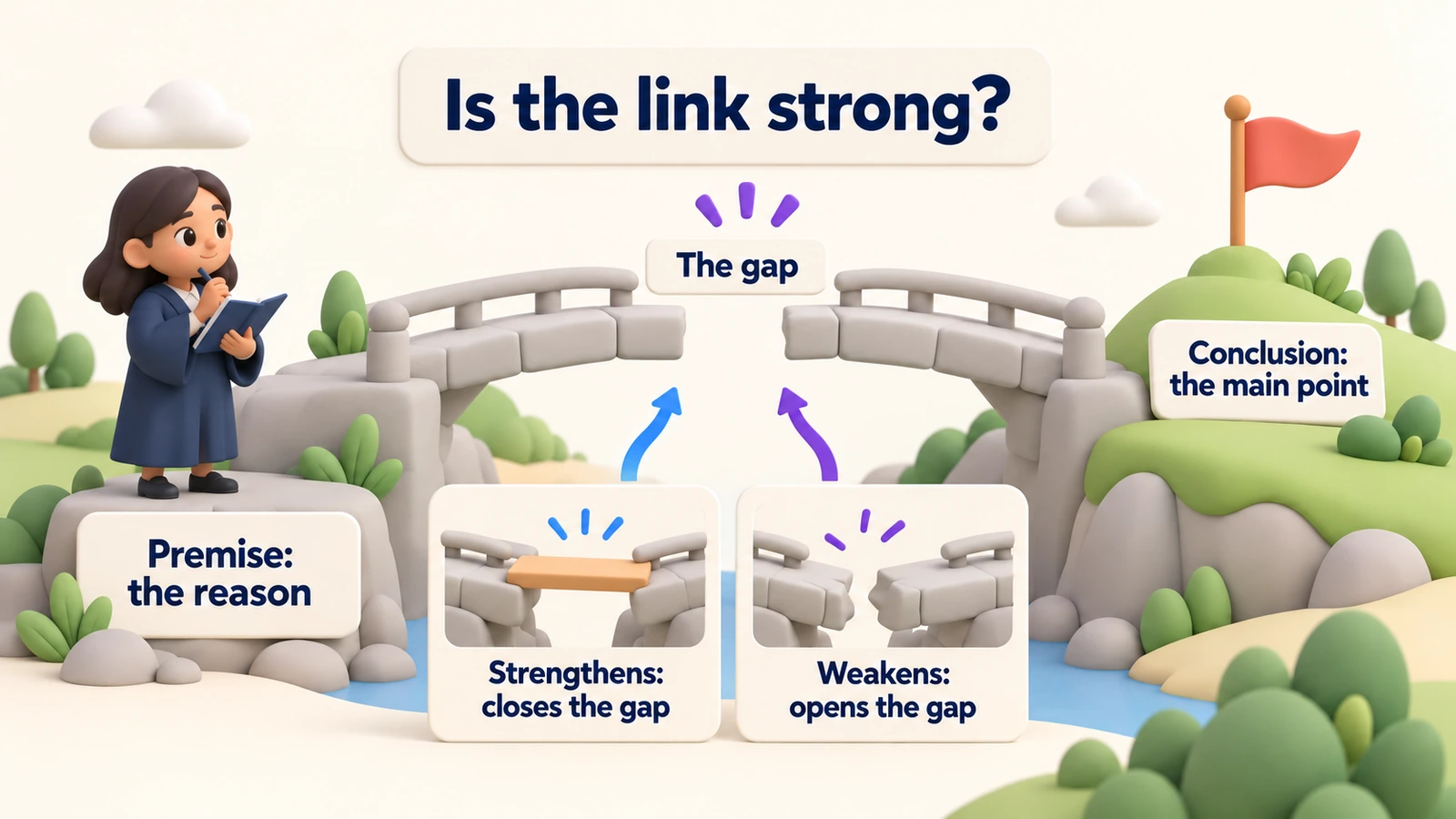Is the link strong? A bridge runs from the premise, the reason, to the conclusion. Strengthening closes the gap; weakening opens it.