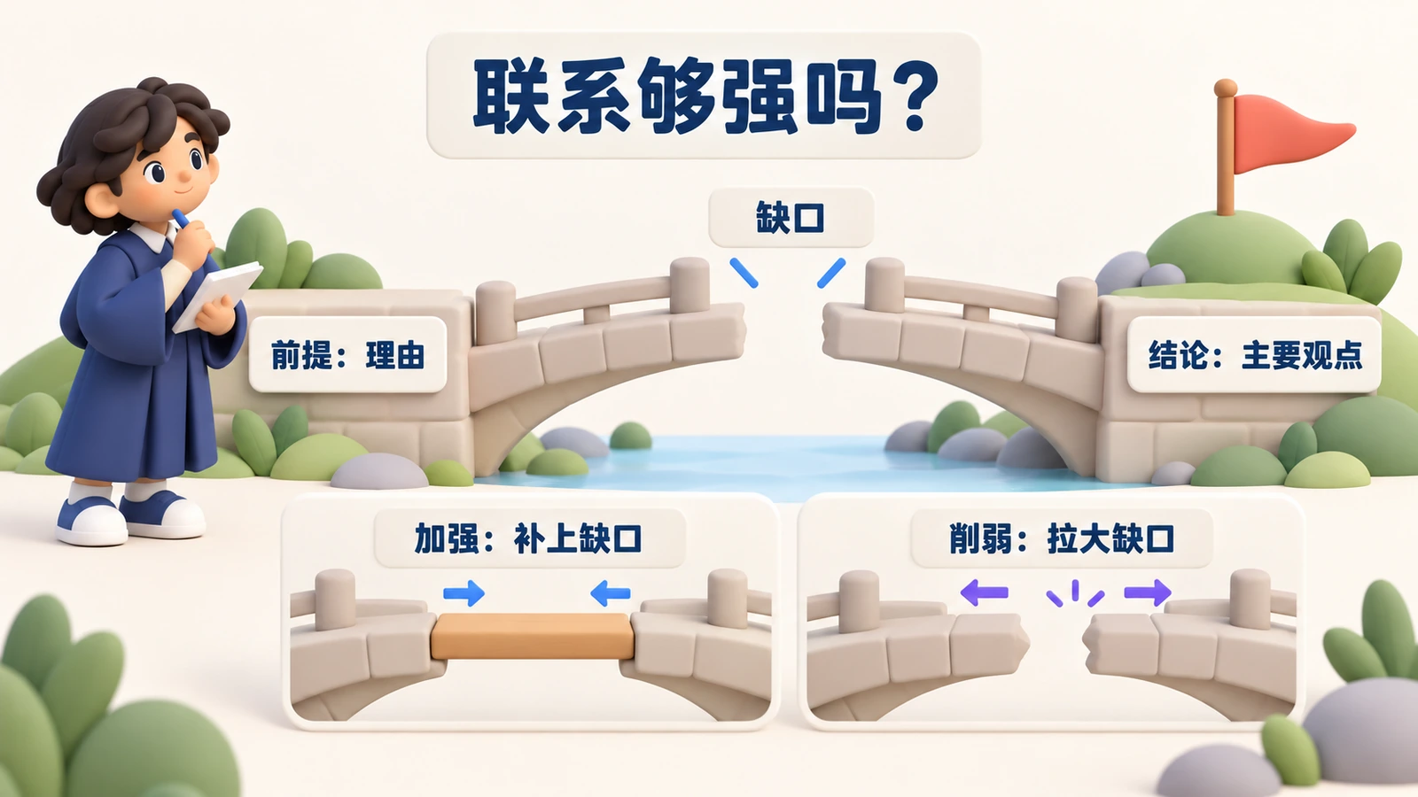 联系够强吗?一座桥从前提(理由)通向结论(主要观点)。加强就是补上缺口,削弱就是拉大缺口。