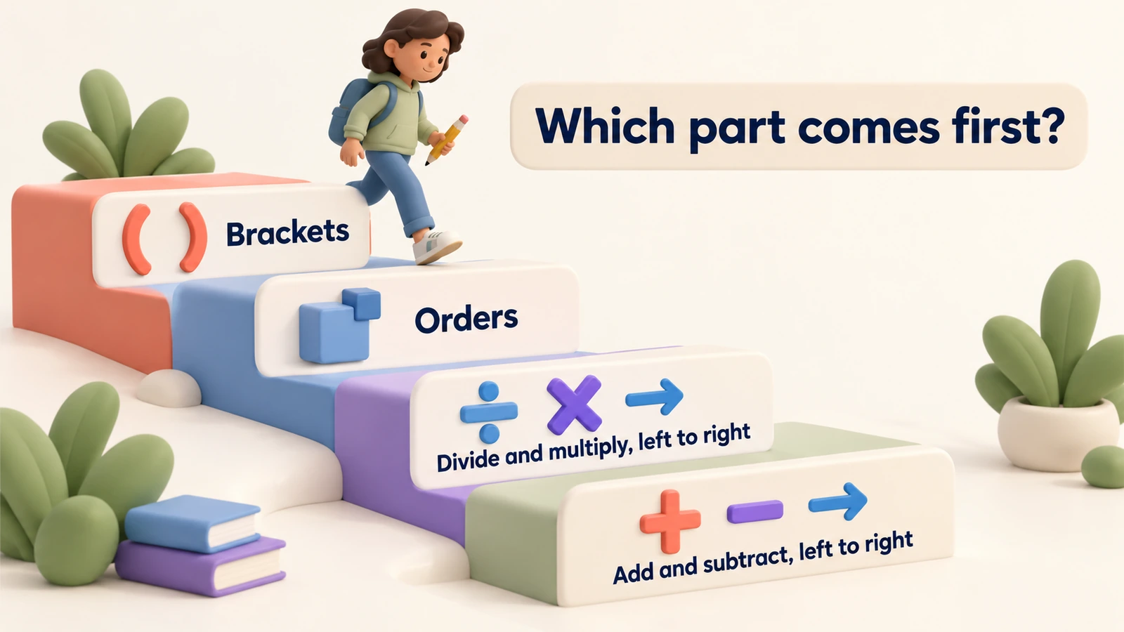Which part comes first: brackets, then orders, then divide and multiply left to right, then add and subtract left to right.