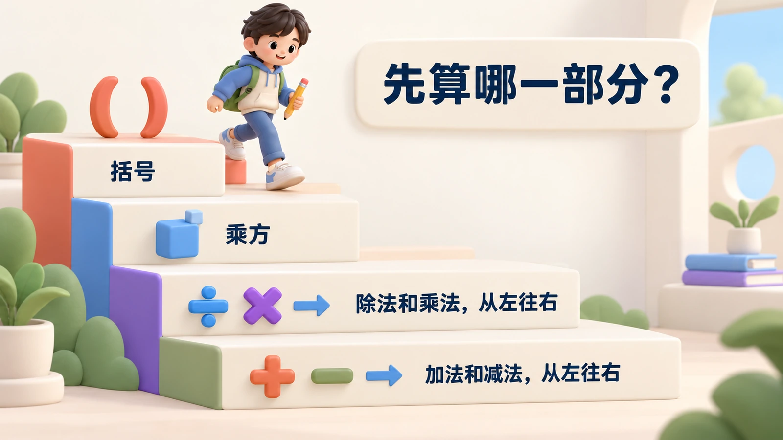 先算哪一部分:先算括号,再算乘方,然后从左往右算除法和乘法,最后从左往右算加法和减法。