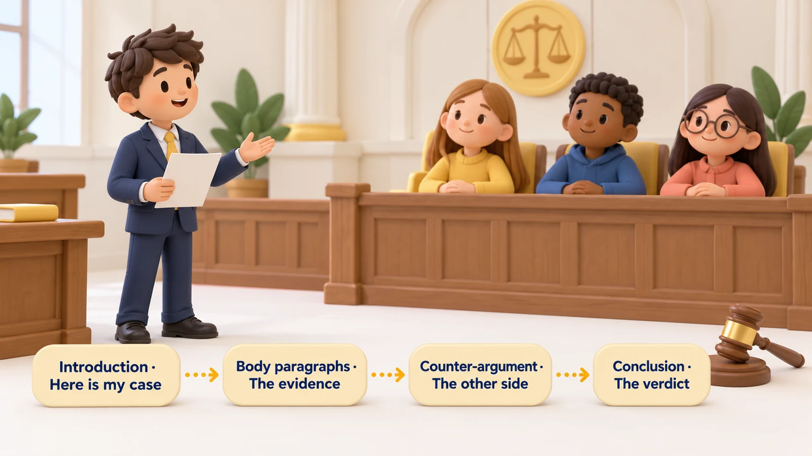 A persuasive essay as a court case: introduction, body paragraphs with evidence, the other side, then the verdict.