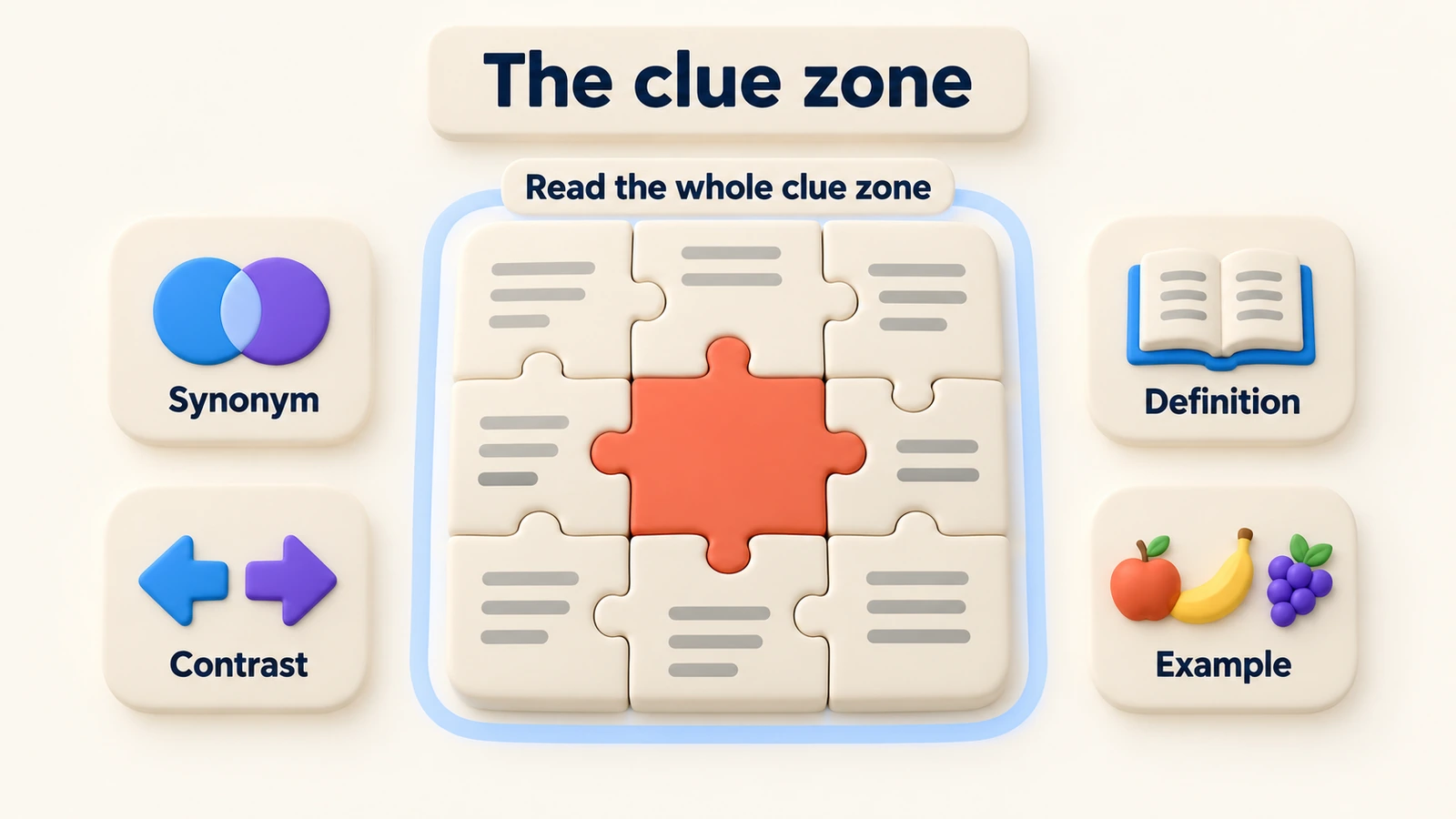 The clue zone: an unknown word as a blank jigsaw piece; read the pieces around it for a synonym, contrast, definition or example.