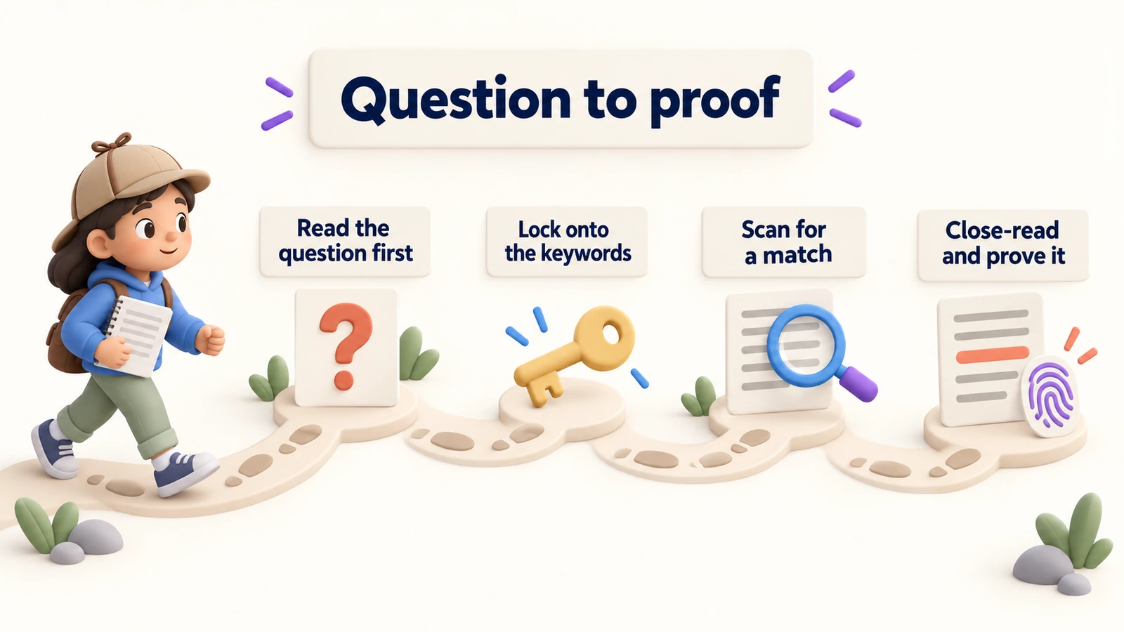 Question to proof: read the question first, lock onto the keywords, scan for a match, then close-read and prove it.